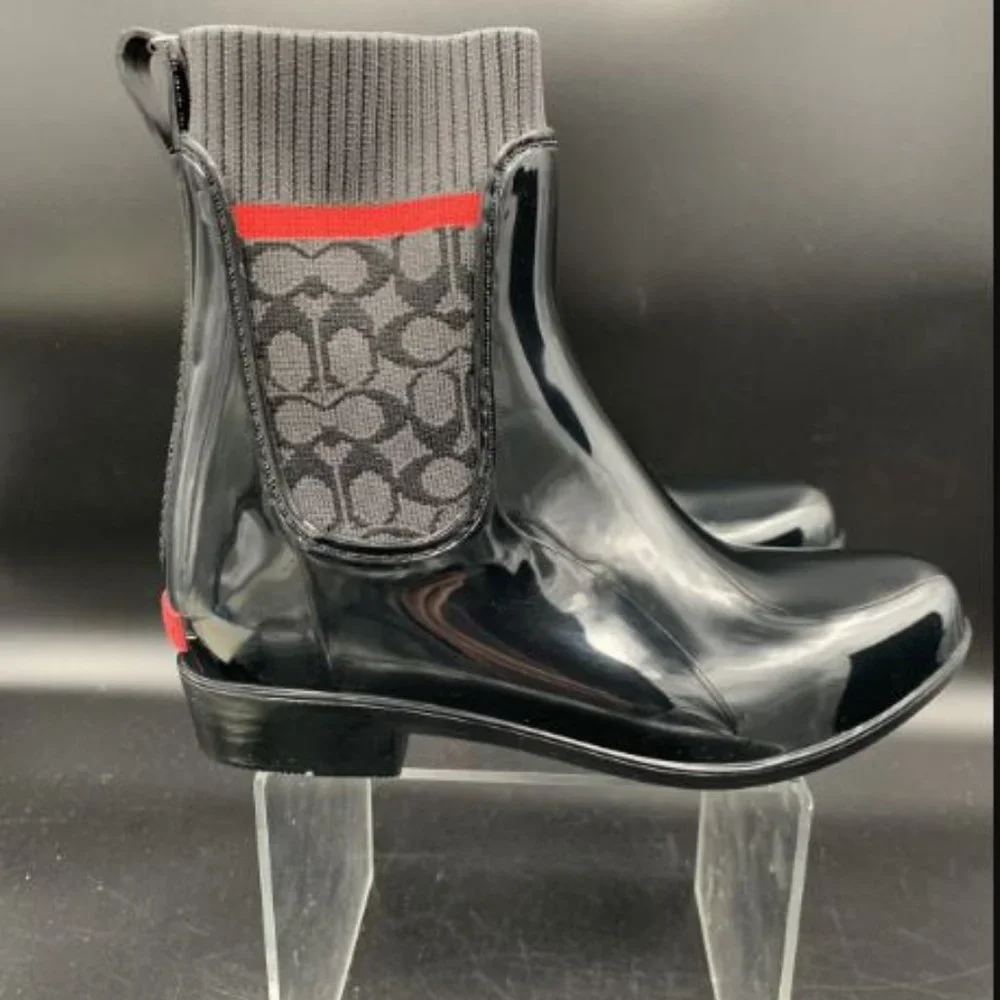 Coach Black Patent Chelsea Rain Boots with Signature Logo Knit and Red Trim - Picture 2 of 5